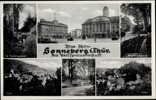 Ak Sonneberg Thüringen, Bahnhofsplatz, Ringleinsbrunnen, Teufelsgraben, Röthenquelle, Totalansicht