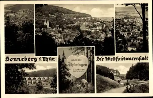 Ak Sonneberg Thüringen, Panorama, Bahnbrücke, Partie im Thüringer Wald