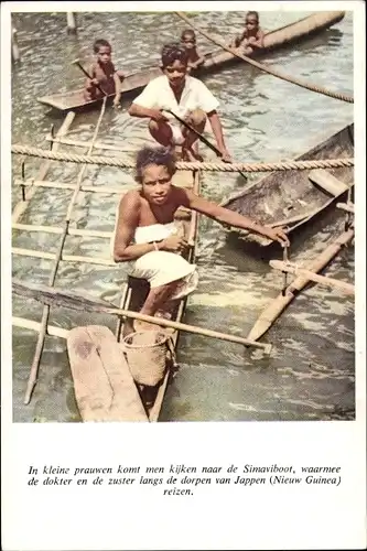 Ak Papua Neuguinea, In kleine prauwen komt men kijken naar de Simaviboot, Menschen in Booten