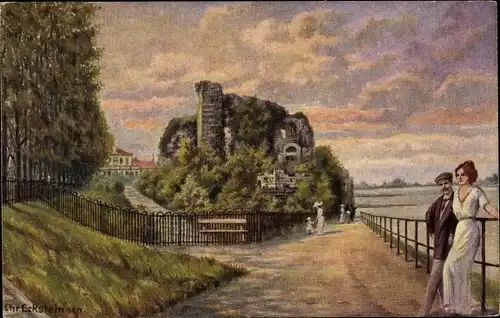 Künstler Ak Eckstein, Chr., Kaiserswerth Düsseldorf am Rhein, Park mit Ruine, Paar , Frau mit Kind