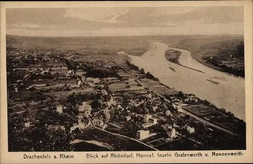 Ak Königswinter am Rhein, Drachelfels, Blick auf Rhöndorf, Honnef, Insel Grafenwerth u. Nonnenwerth