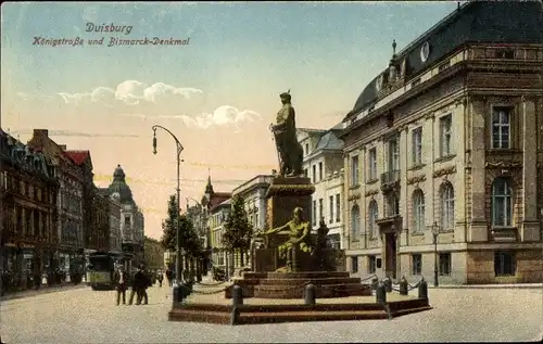 Ak Duisburg im Ruhrgebiet, Königsstraße und Bismarckdenkmal, Straßenbahn