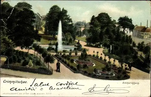 Ak Crimmitschau in Sachsen, Bismarckhain, Springbrunnen