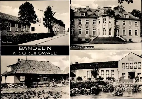 Ak Bandelin in Vorpommern, neue Schule, Schloss, Konsum Landwarenhaus, Kulturhaus Becher