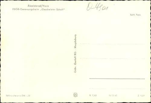 Ak Alexisbad Harzgerode am Harz, FDGB Erholungsheim Geschwister Scholl
