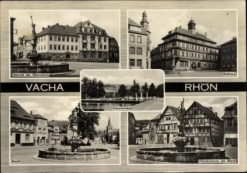 Ak Vacha in der Rhön Thüringen, Vitusbrunnen am Markt, Rathaus, Internat der Oberschule, Schwimmbad
