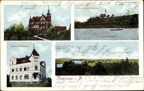Ak Nerchau Grimma in Sachsen, Villa Hessel, Schlösschen, Muldenpartie mit Kirche
