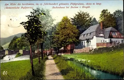 Ak Rechenhaus Bockau im Erzgebirge, am Wehr des Flößgrabens