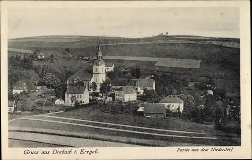 Ak Drebach im Erzgebirge Sachsen, Partie aus dem Niederdorf mit Kirche