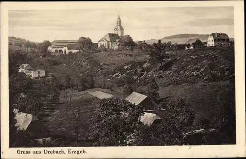 Ak Drebach im Erzgebirge, Blick auf den Ort, Kirche