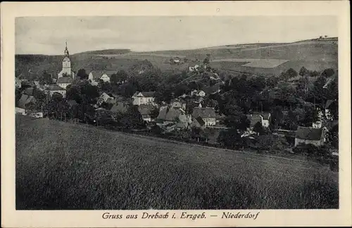 Ak Drebach im Erzgebirge, Gesamtansicht der Ortschaft, Niederdorf, Kirche