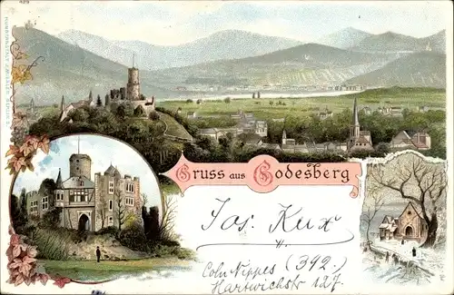 Litho Bad Godesberg Bonn am Rhein, Panorama mit Ruine, Godesburg, Winteransicht