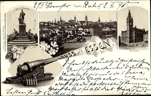 Litho Essen im Ruhrgebiet, Kanone, Rathaus, Totalansicht, Krupp Denkmal