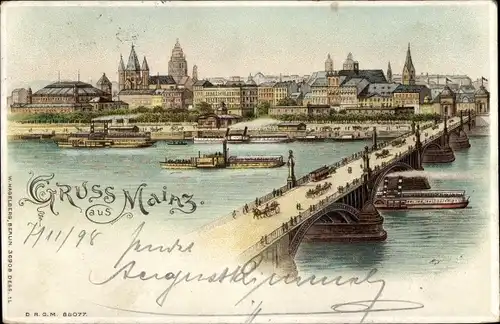 Litho Mainz am Rhein, Panorama, Brücke, Rheinpartie