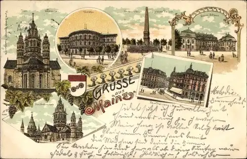 Litho Mainz am Rhein, Dom, Theater, Rheinische und Mainzer Bierhallen, Schloss