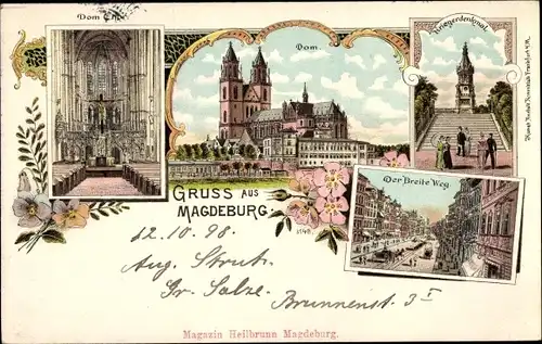 Litho Magdeburg, Der breite Weg, Dom, Chor und Kriegerdenkmal