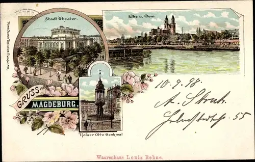 Litho Magdeburg an der Elbe, Stadttheater, Dom, Kaiser Otto Denkmal