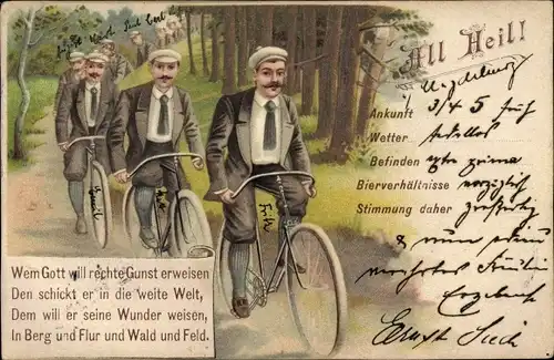 Litho All Heil, Radfahrer auf dem Weg durch einen Wald, Männer auf Ausfahrt, Fahrräder