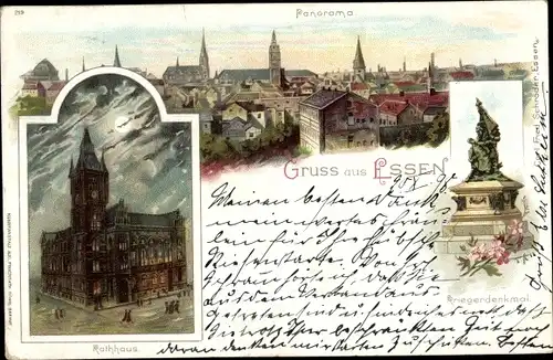 Litho Essen im Ruhrgebiet, Panorama, Rathaus, Kriegerdenkmal