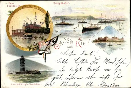 Litho Kiel See Badeanstalt, Kriegshafen, Leuchtturm beim Friedrichsort