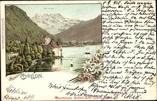 Litho Chillon Montreux Kanton Waadt, Dent du Midi, Warenhaus Gebr. Loeb