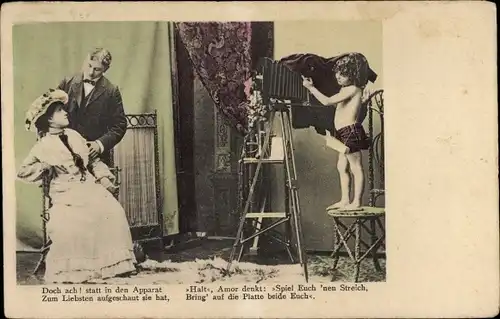 Ak Liebespaar, Amor als Fotograf, Fotoapparat