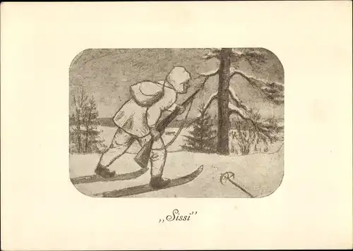 Ak Finnland, Sissi, Mann auf Skiern mit Gewehr