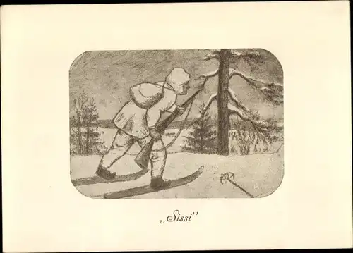 Ak Finnland, Sissi, Mann auf Skiern mit Gewehr