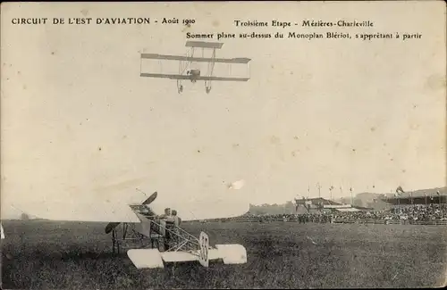 Ak Circuit de l'Est d'Aviation 1910, Sommer plane au dessus du Monoplan Bleriot