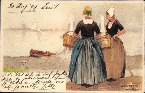 Künstler Litho Hlassiers, Frauen in niederländischen Volkstrachten, Körbe, Ufer