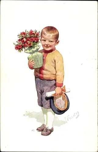 Künstler Ak Feiertag, K., Junge mit Blumenstrauß