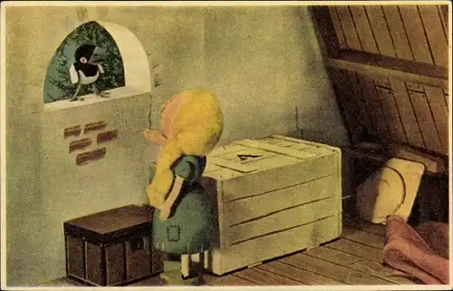 Ak Assepoester, Aschenputtel, Kisten, Vogel, Märchen