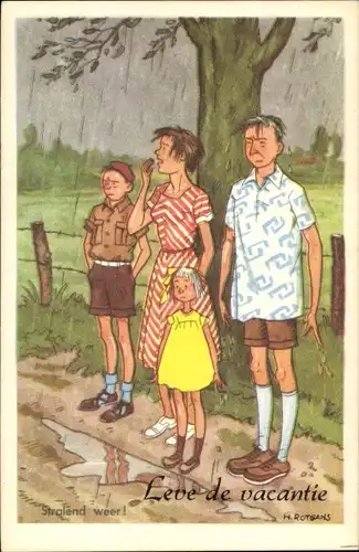Künstler Ak Rotgans, H., Unzufriedene Urlauber, Regenweter, Leve de vacantie