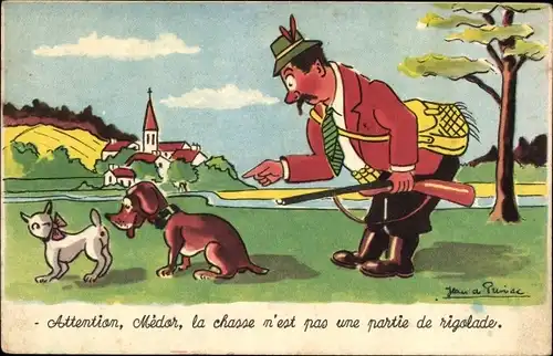Künstler Ak Preissac, Jäger, Jagdwaffe, Beschäftigter Jagdhund