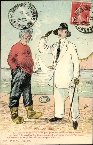 Künstler Ak Rauchender Bauer, Mann in weißem Anzug, Gespräch