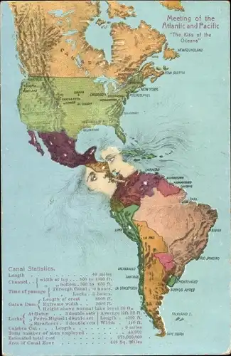 Präge Landkarten Ak Meeting of the Atlantic and Pacific The Kiss of the Oceans, Gesichter