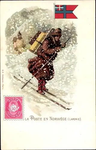 Briefmarken Litho Norwegen, La Poste en Norwège, Norwegischer Briefträger, Ski, Schnee
