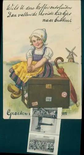 Leporello Ak Mädchen in Tracht auf Koffer sitzend, Windmühle, Leuchtturm, Strandleben