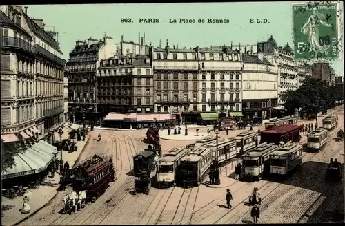 Ak Paris VI., La Place de Rennes, Straßenbahnen