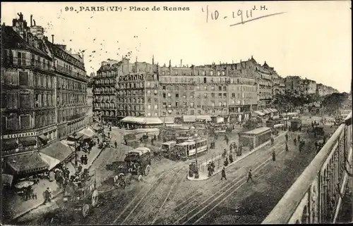 Ak Paris VI, Place de Rennes, Platz, Straßenbahnen, Kutschen