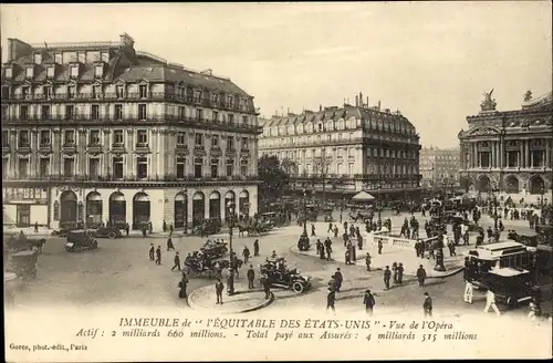 Ak Paris IX Opéra, Immeuble de l'Equitable des Etats Unis, Vue de l'Opera, Platz