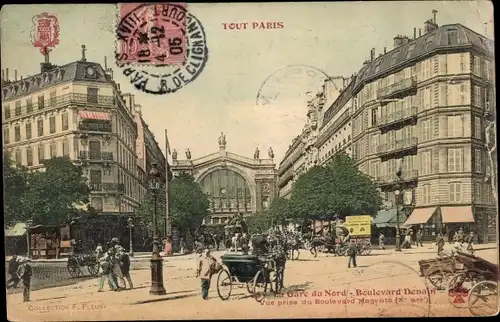 Ak Paris X, La Gare du Nord, Boulevard Denain, Bahnhof, Kutschen