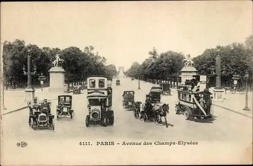 Ak Paris VIII, Avenue des Champs-Elysees, Automobile, Kutschen, Statuen