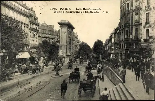 Ak Paris X, Les Boulevards, Bonne-Nouvelle et St-Denis, Kutschen, Passanten