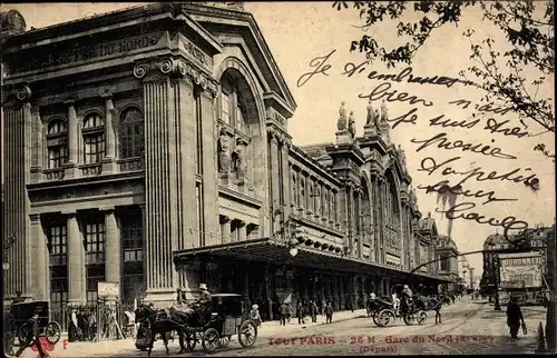 Ak Paris X., Gare du Nord, Bahnhof, Außenansicht, Pferdekutschen
