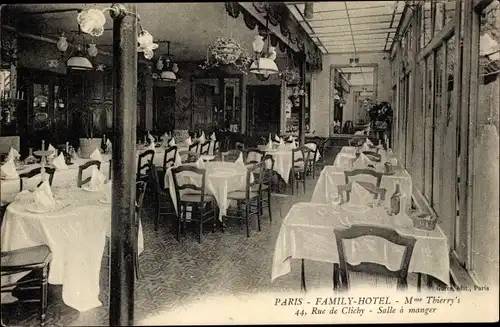 Ak Paris XVIII Montmartre, Family Hotel, Mme Thierry's, Rue de Clichy, Speisesaal, Innenansicht