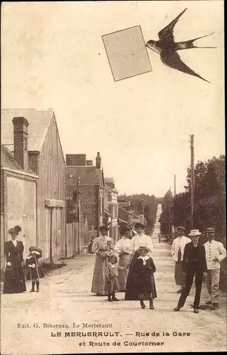 Ak Le Merlerault Orne, Rue de la Gare et Route de Courtomer