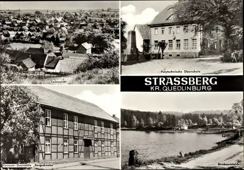 Ak Strassberg Straßberg Harzgerode Harz, Polytechnische Oberschule, Birnbaumteich, Konsum Gaststätte