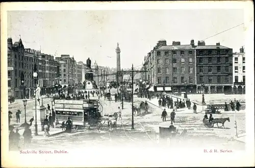 Ak Dublin Irland, Sackville Street, Kutschen, Denkmäler