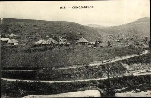 Ak Nizi Congo Belge DR Kongo Zaire, Partie in der Region, Häuser, Straßenpartie